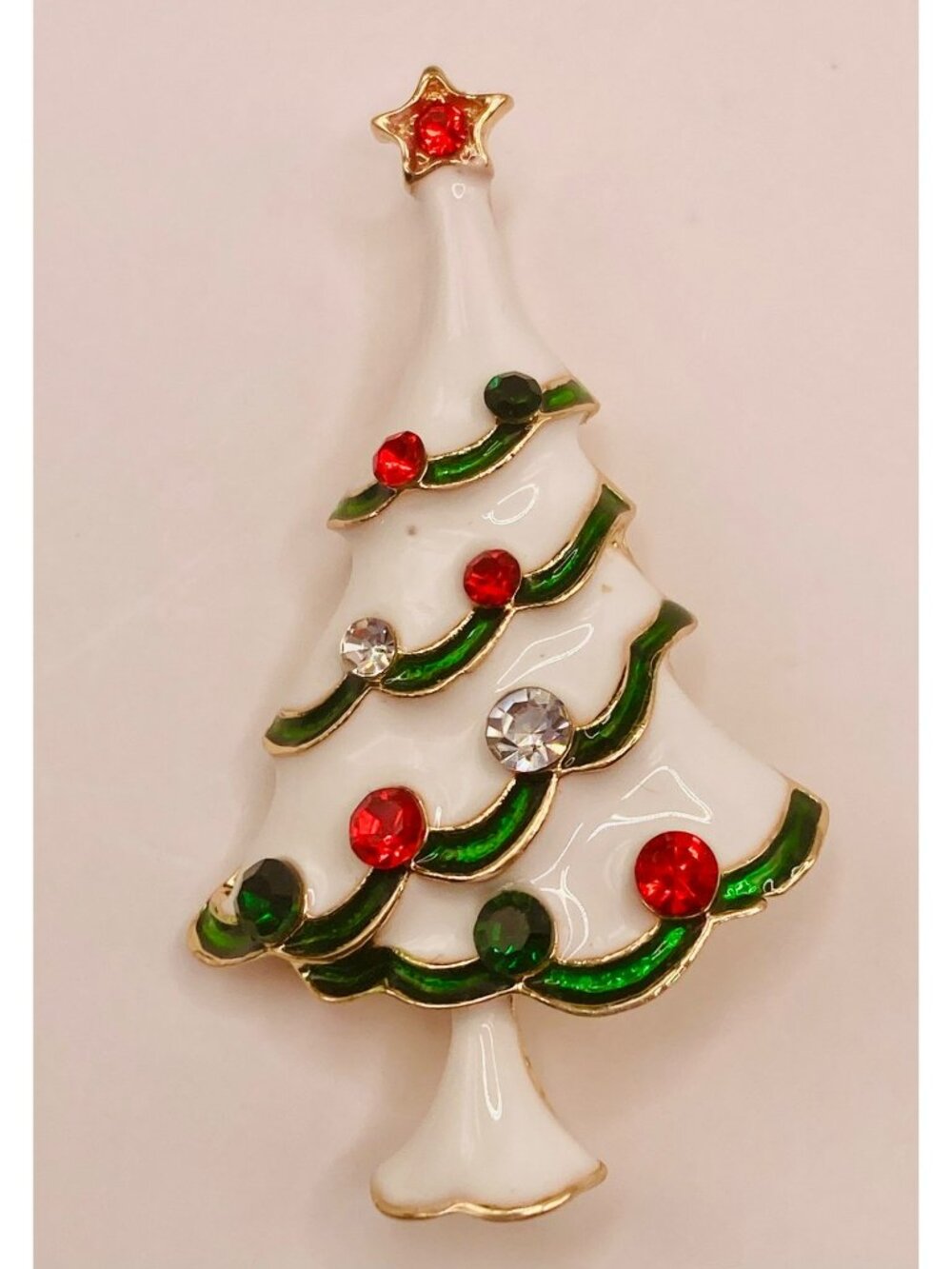 Christmas Holiday Tree Brooch Pin White Enamel Rhinestones Gold-Tone -103B